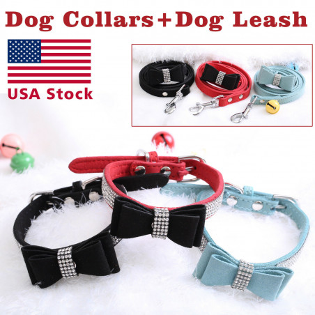 Pet wedding Bling  Collar PU Leather Buckle Dog Collar Neck Strap with dog leash