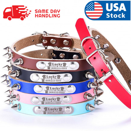 Soft Padded Leather Personalized Dog Collar Name ID for Small Medium Large Dogs