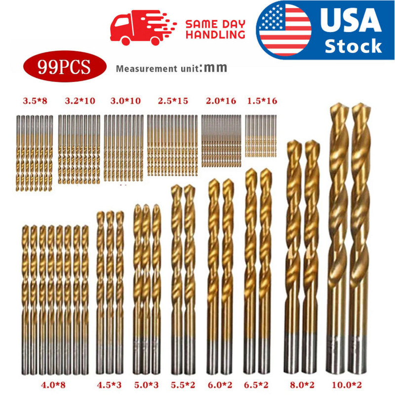 99PCS Drill Bit Set 1/16"-3/8" HSS Titanium Multi Bits Metal Tools Twist Wood