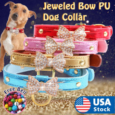 Jeweled Bow PU Dog Collar Leather crystals Cat Adjustable  Hook with free bell