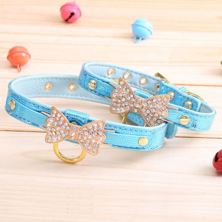 Jeweled Bow PU Dog Collar Leather crystals Cat Adjustable  Hook with free bell