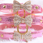 Jeweled Bow PU Dog Collar Leather crystals Cat Adjustable  Hook with free bell