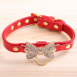 Jeweled Bow PU Dog Collar Leather crystals Cat Adjustable  Hook with free bell