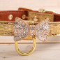 Jeweled Bow PU Dog Collar Leather crystals Cat Adjustable  Hook with free bell