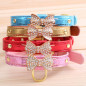 Jeweled Bow PU Dog Collar Leather crystals Cat Adjustable  Hook with free bell