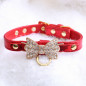 Jeweled Bow PU Dog Collar Leather crystals Cat Adjustable  Hook with free bell