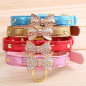 Jeweled Bow PU Dog Collar Leather crystals Cat Adjustable  Hook with free bell